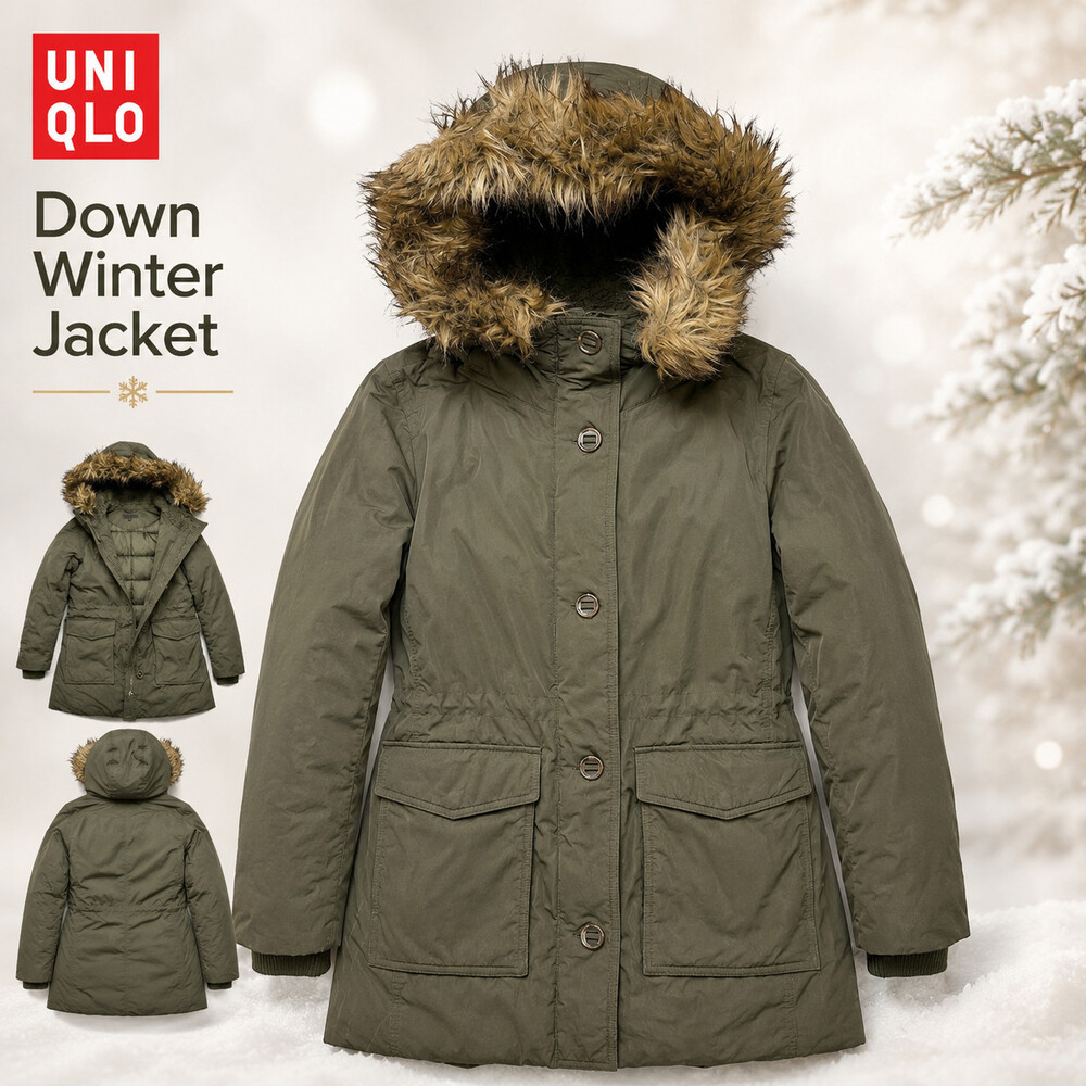 Uniqlo Jacket Womens S Green Down Winter Fur Lined Hooded Full Zip Heavy